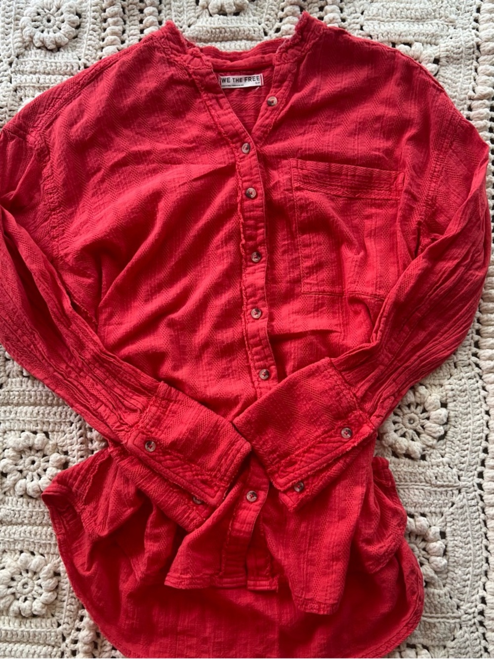 We The Free Coral-Red Textured Button Front Top